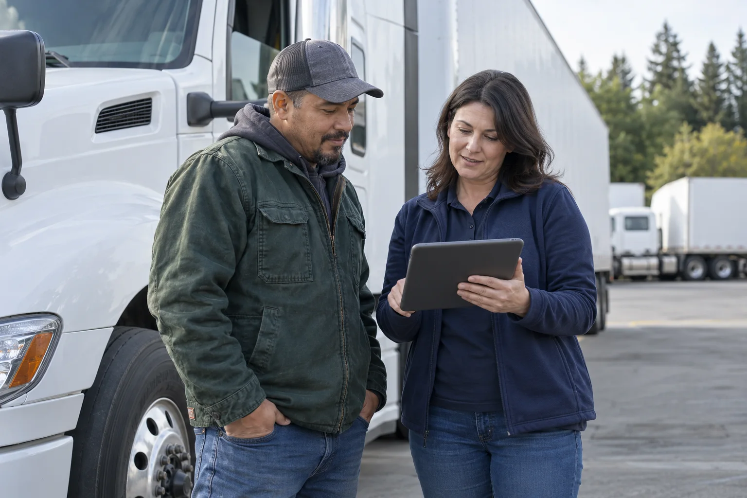 A fleet safety manager and driver reviewing a tablet beside a truck
