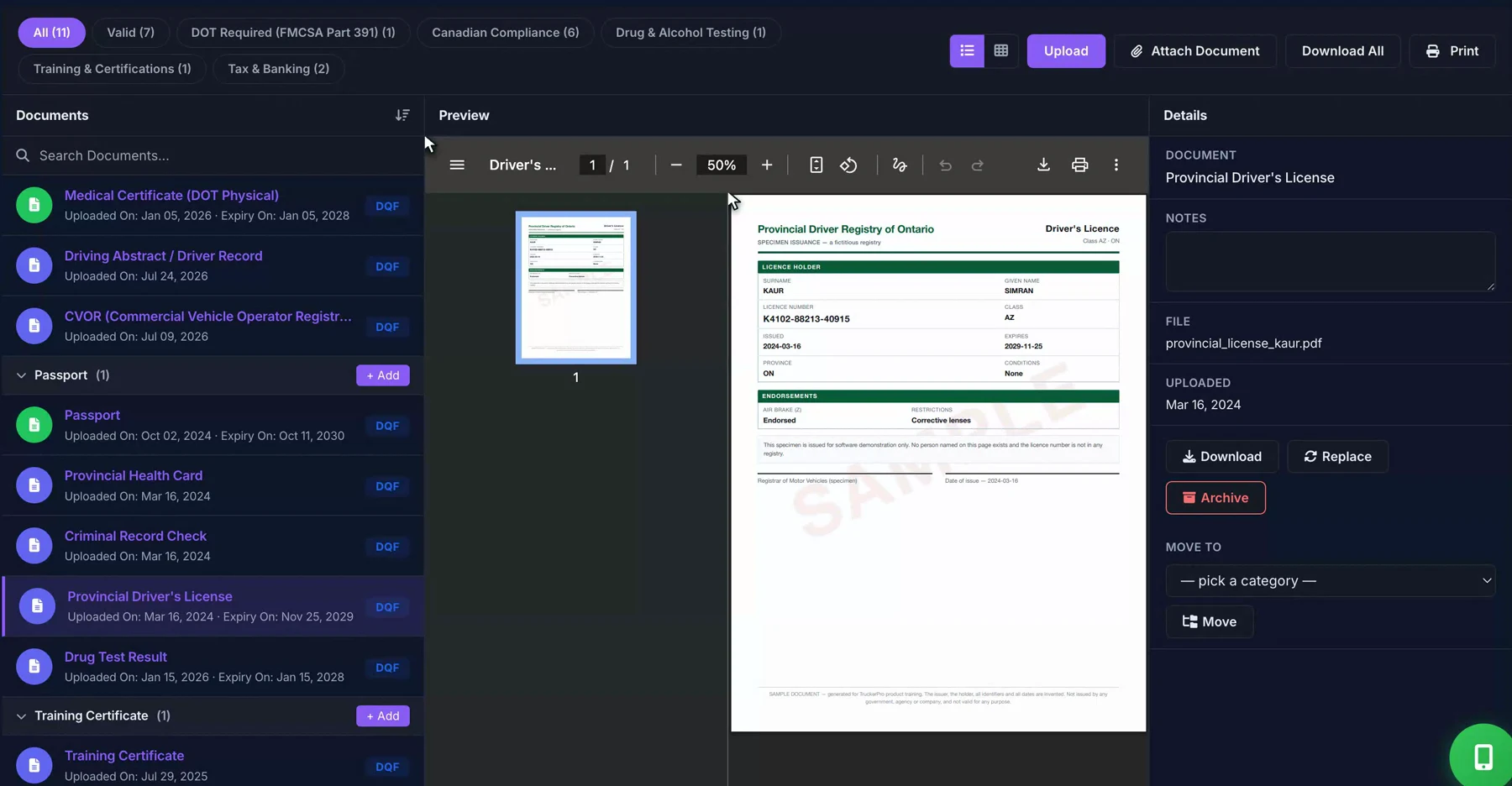 TruckerPro document workspace displaying a fictional sample driver licence