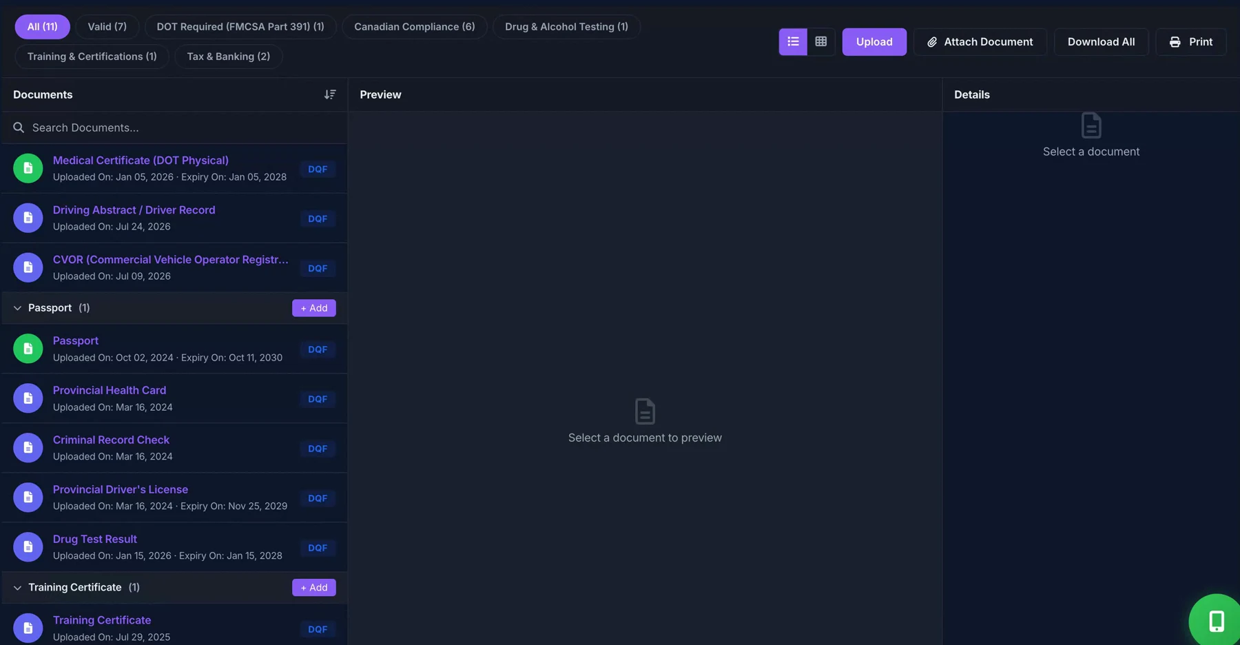 TruckerPro document workspace with document list, Download All, and Print controls